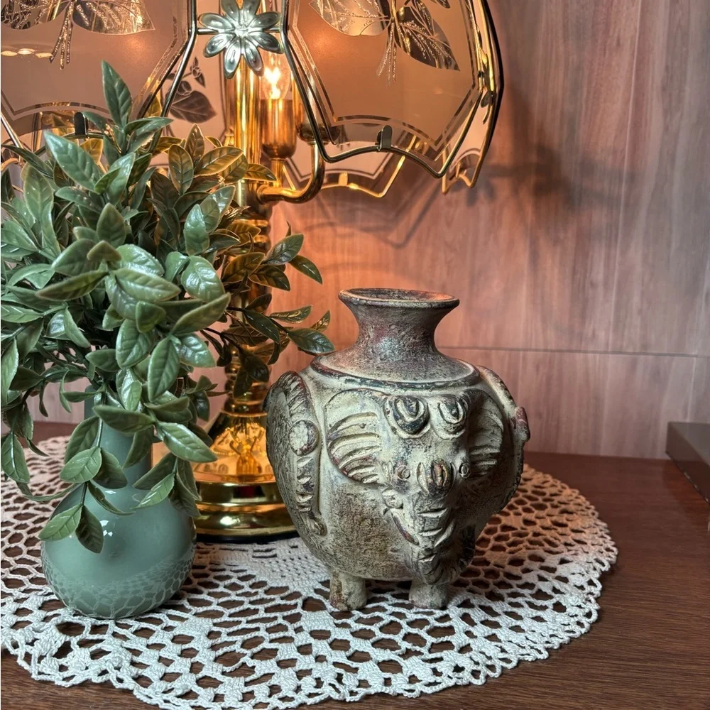 Vintage Thai Earthenware Elephant Vase in Distressed Green and Brown Terracotta